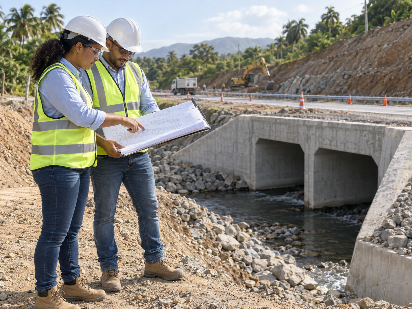 Profesionales de ingeniería inspeccionando una obra vial
