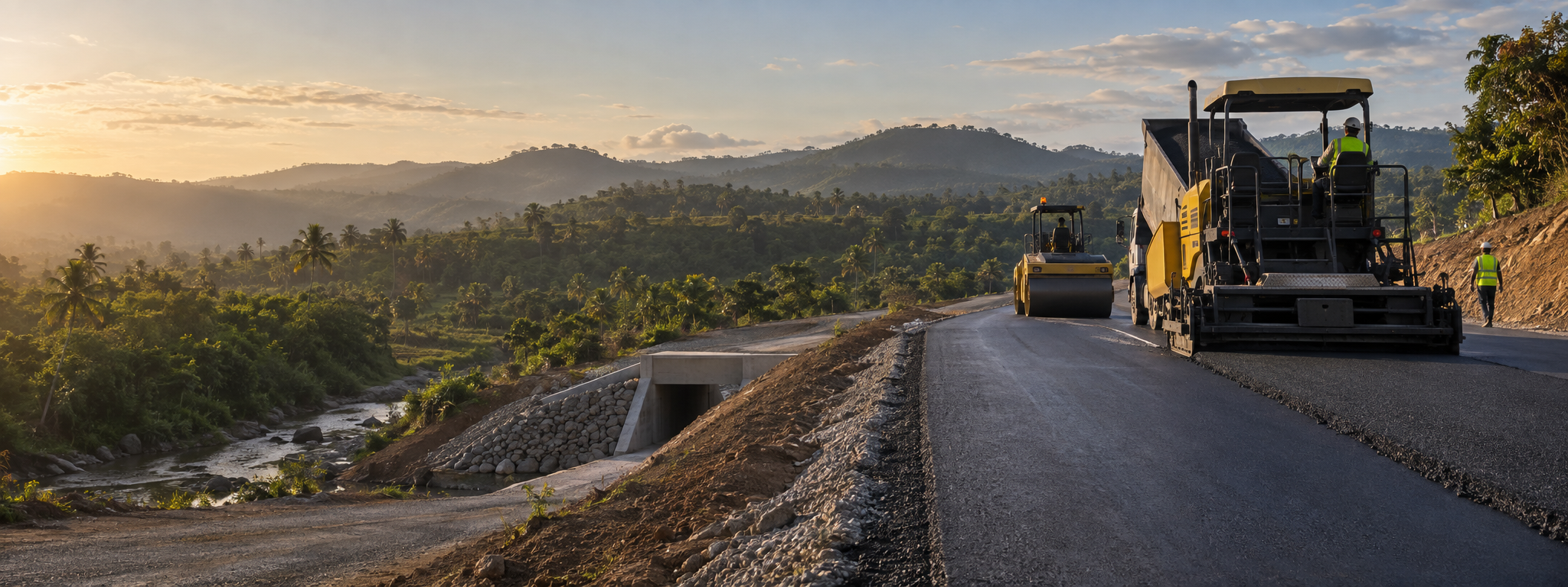 Proyecto de construcción vial en un entorno tropical